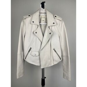 Selected Femme Grey Textured Leather Biker Moto Jacket Silver Hardware EU34/XS/2
